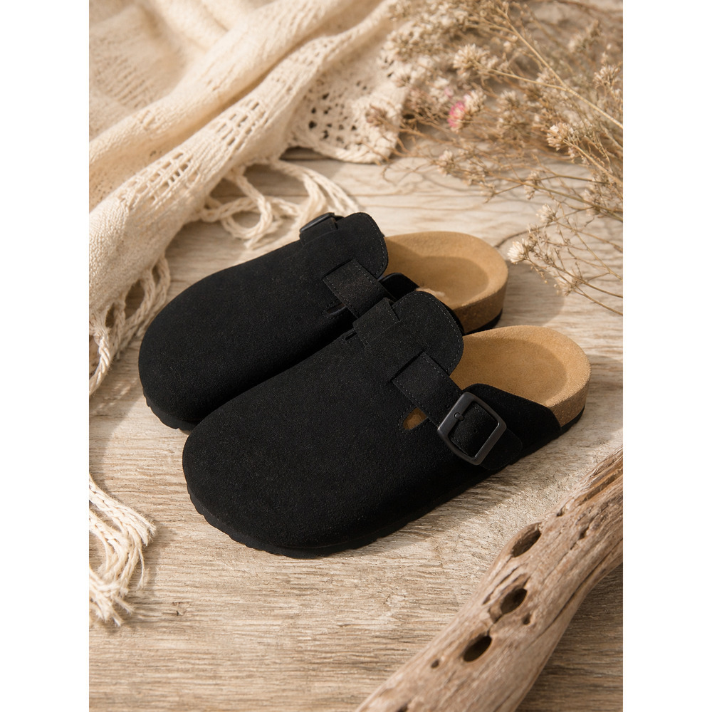 NEW Black Clog Mules Buckle Strap Faux Suede Cork Comfort Slides Sz 36 NWOB